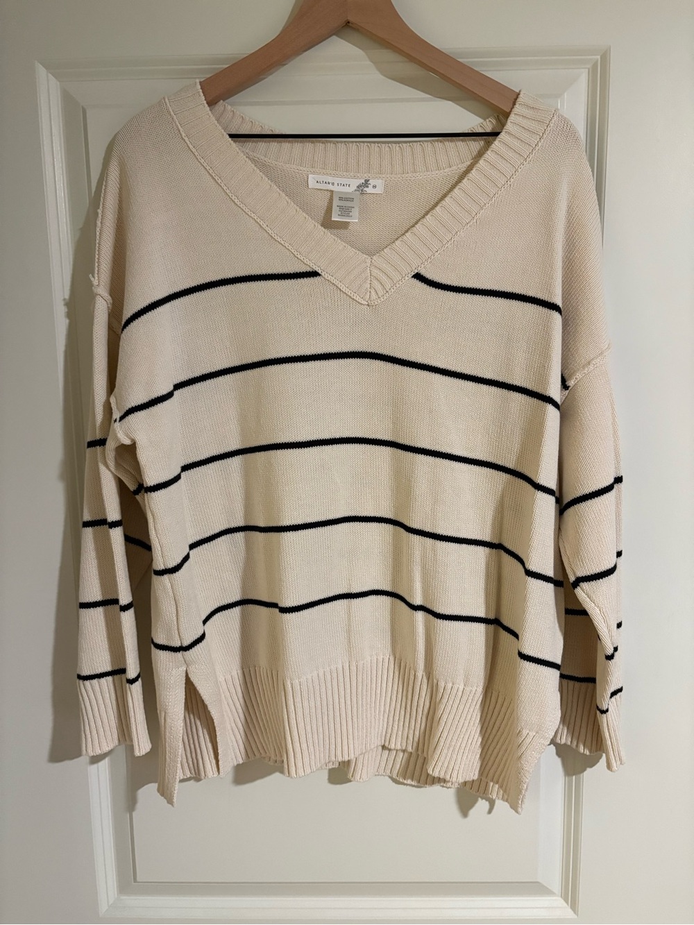 Altar'd State Cream V-Neck Sweater with Black Stripes